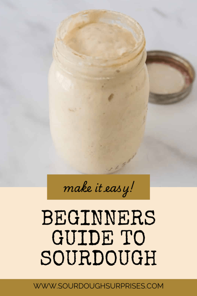 jar of sourdough starter with text overlay for pinterest