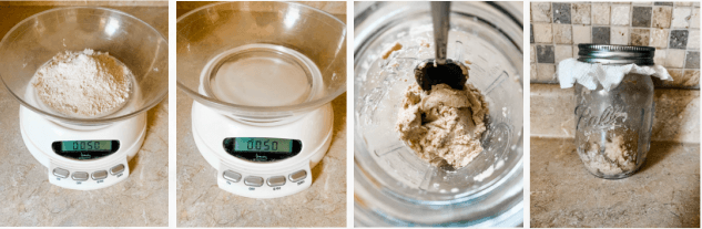 mixing sourdough starter ingredients in glass jar
