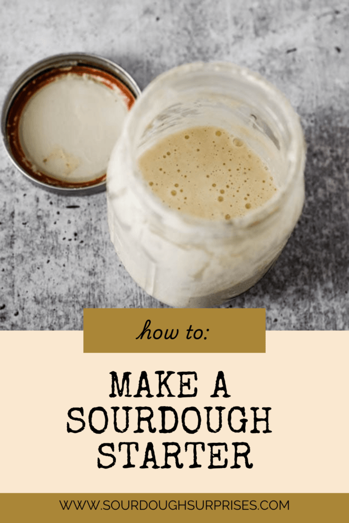 glass jar with sourdough starter and text overlay for pinterest