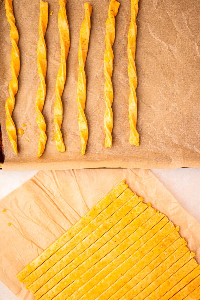 placing strips of dough onto cookie sheet and twisting them