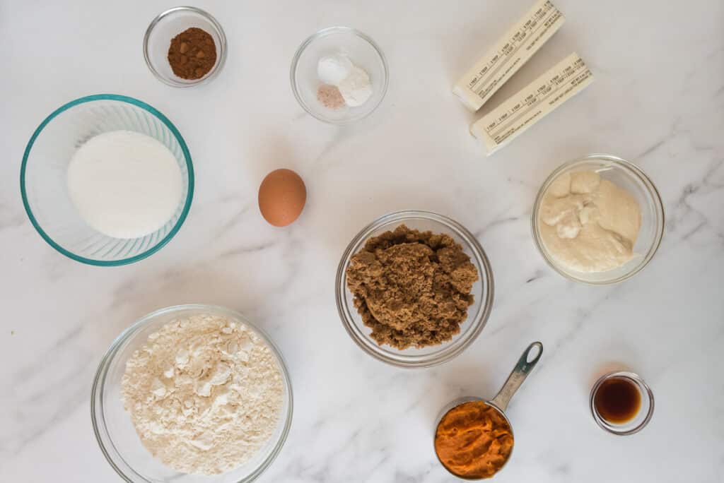 overhead image of ingredients for sourdough pumpkin cookies