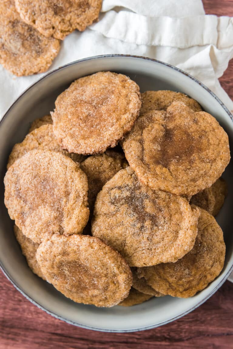 overhead view of bowl with pumpkin cookies