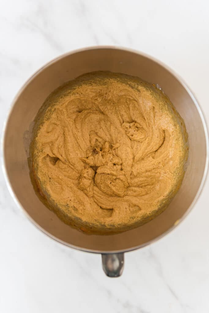 sourdough pumpkin cookie dough in metal mixing bowl