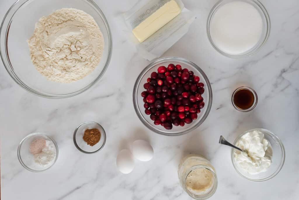 overhead view of ingredients for sourdough cranberry orange muffin on marble counter