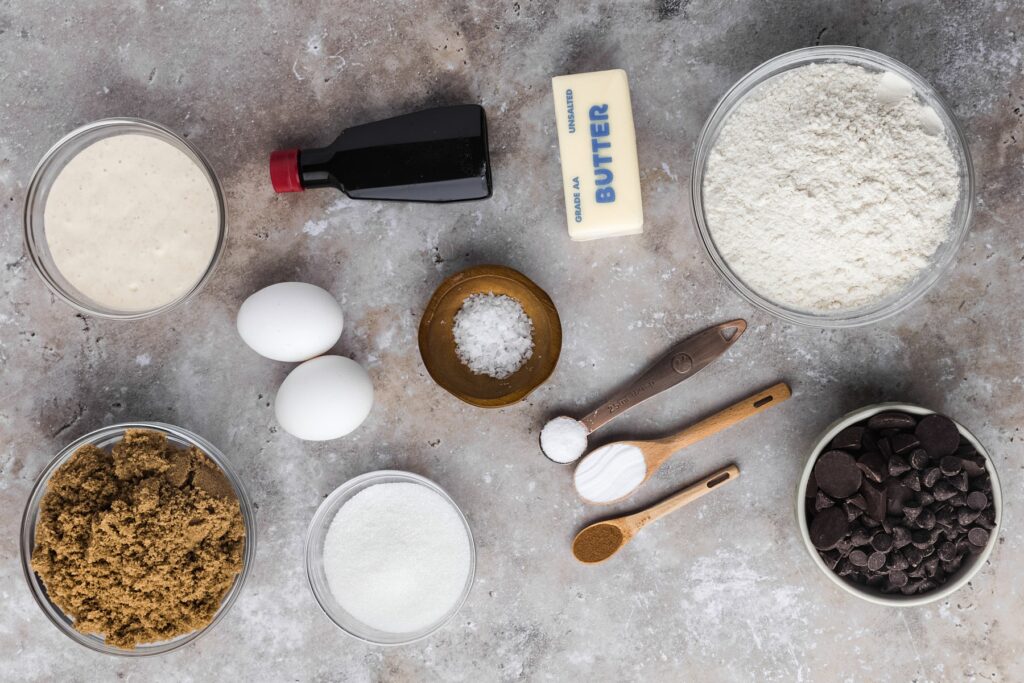 ingredients for sourdough cookie bars on counter