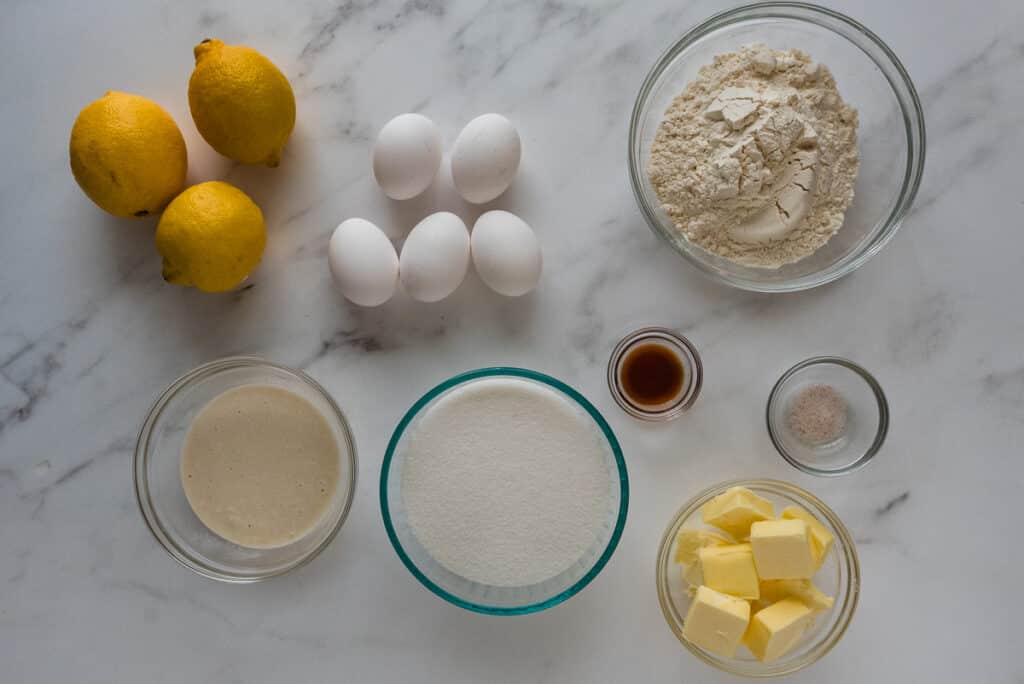 ingredients for sourdough discard on white marble counter