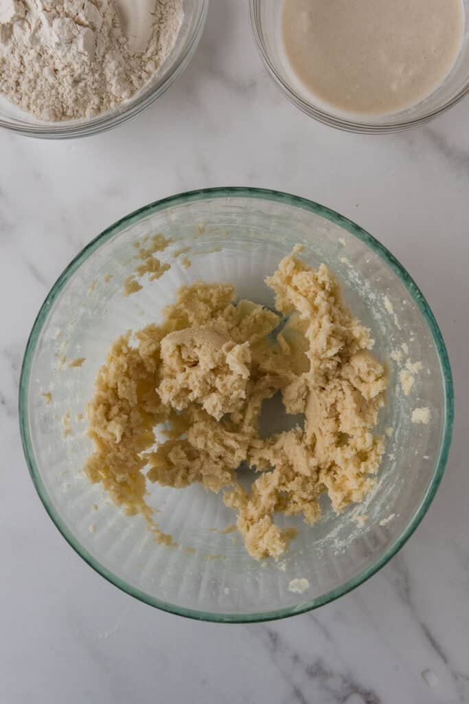 mixing bowl with butter and sugar creamed together