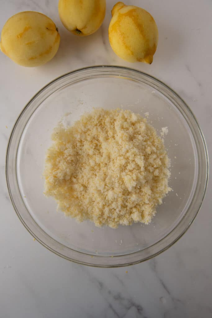 mixing bowl with lemon zest  sugar