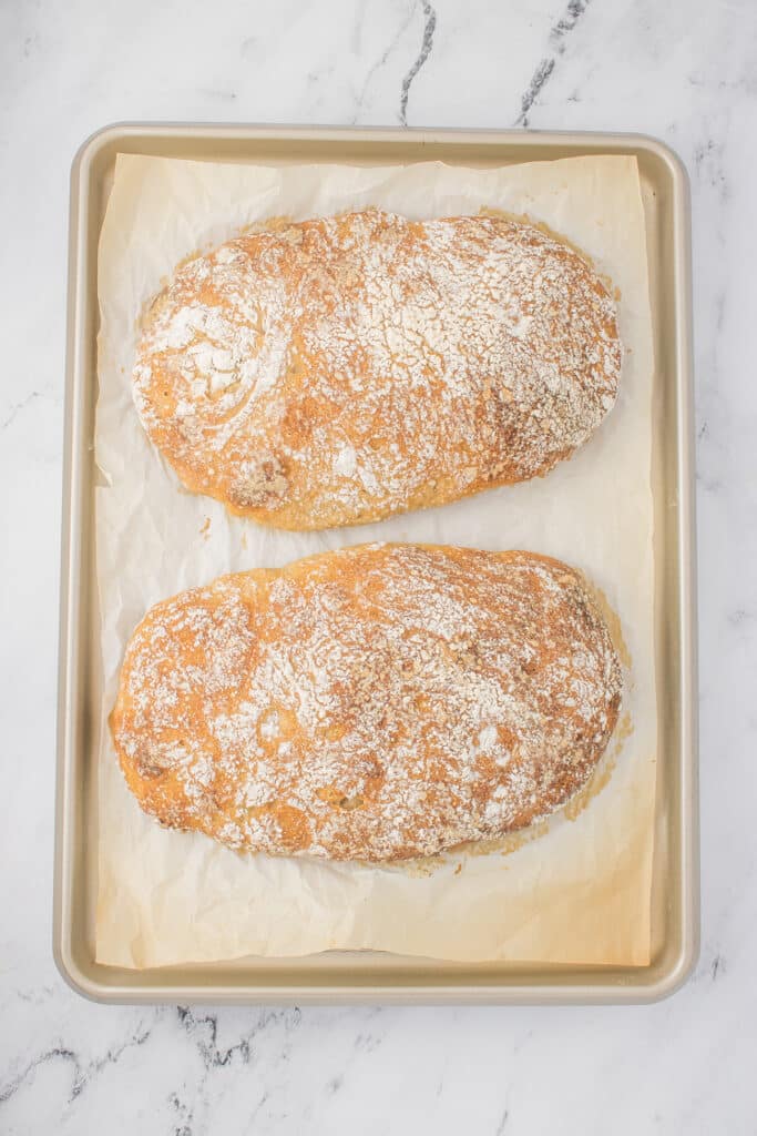 two loaves of sourdough ciabatta on baking tray after baking