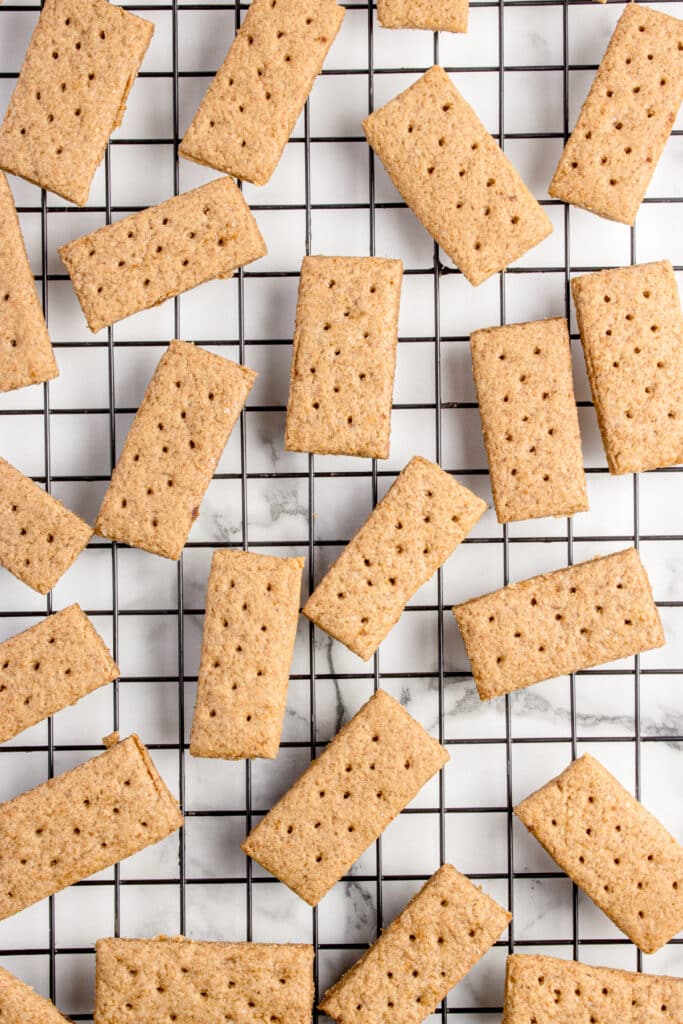 sourdough graham crackers baked and cooling on cooling rack