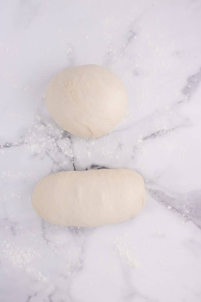 balls of dough divided into two and being shaped