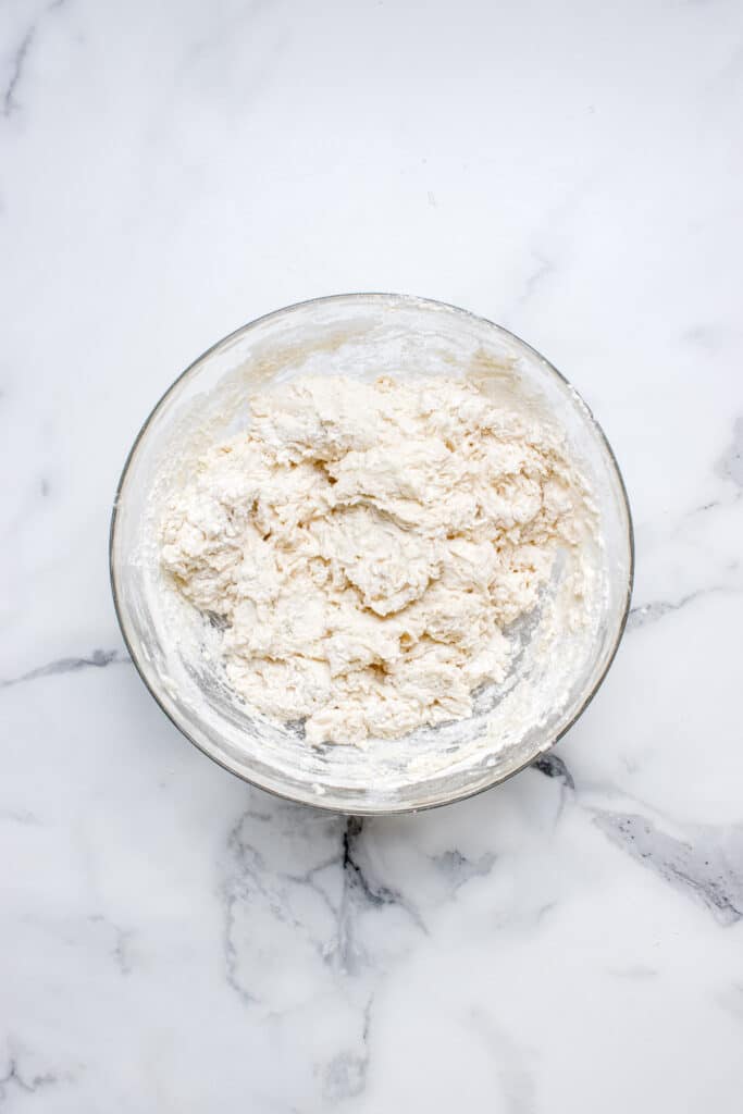 bowl with mixed dough for sourdough bread
