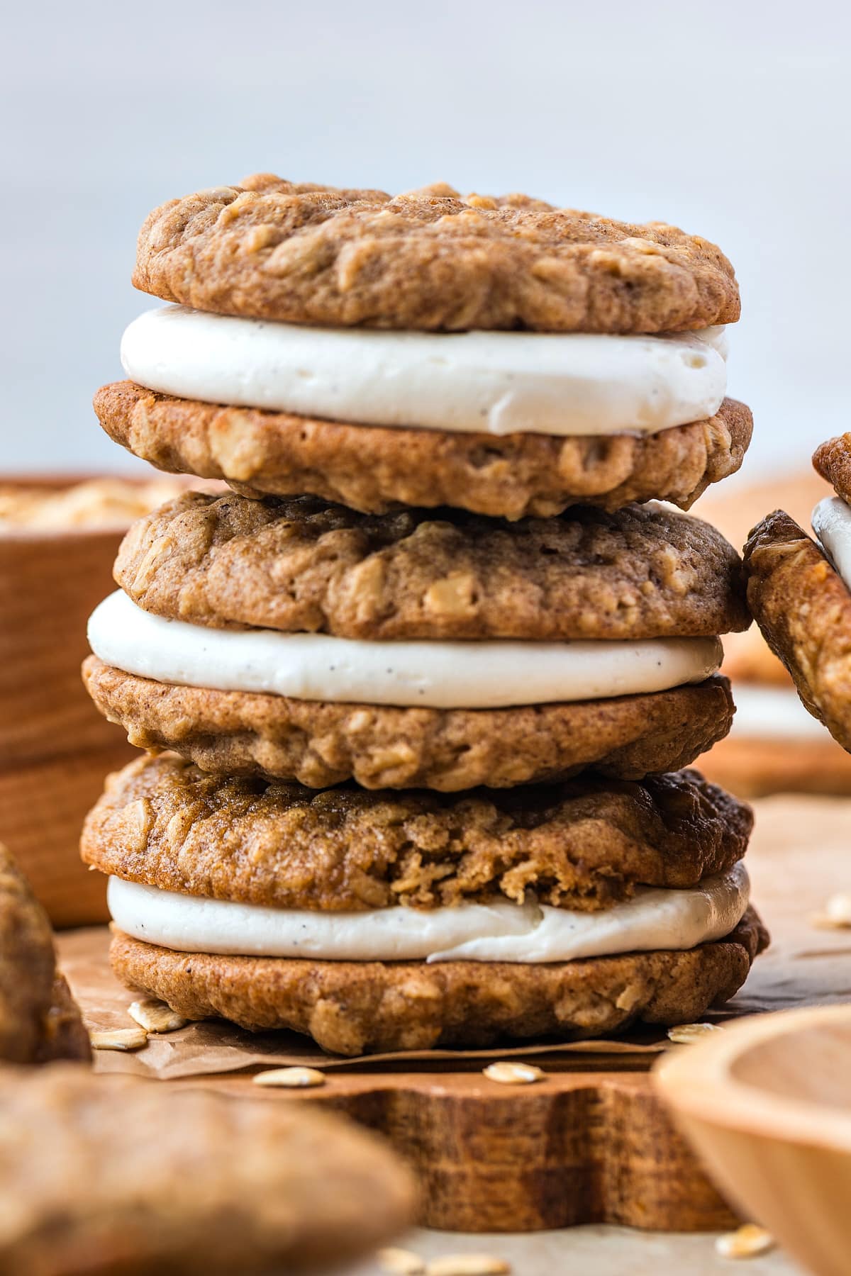 three sourdough oatmeal cream pies stacked on top of each other
