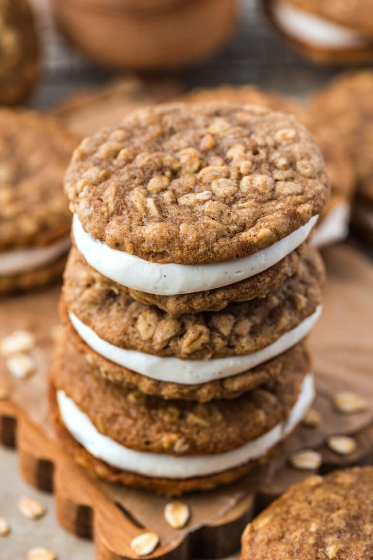 three oatmeal cream pies with discard stacked on each other
