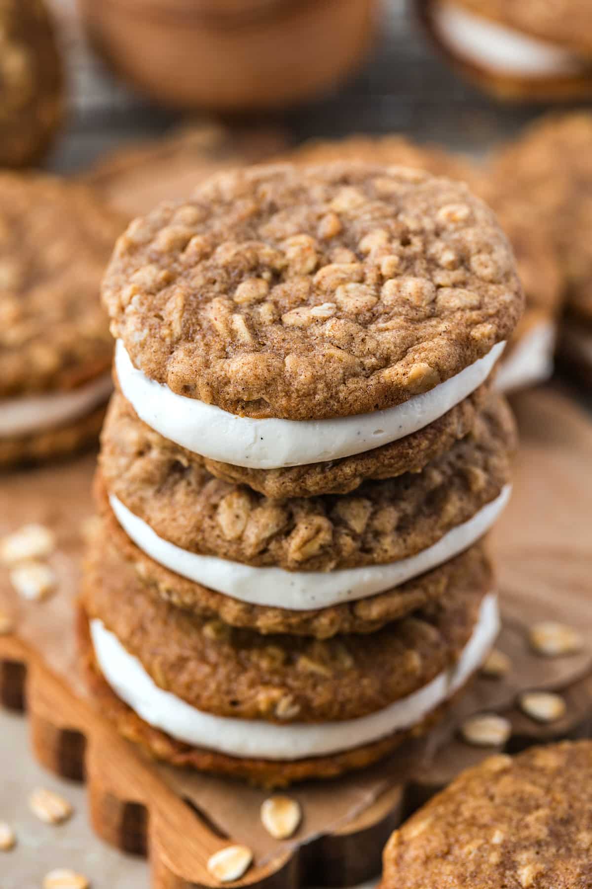 three oatmeal cream pies with discard stacked on each other