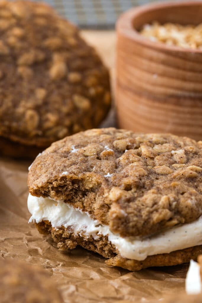 discard oatmeal cream pie with bite taken out of it to show filling