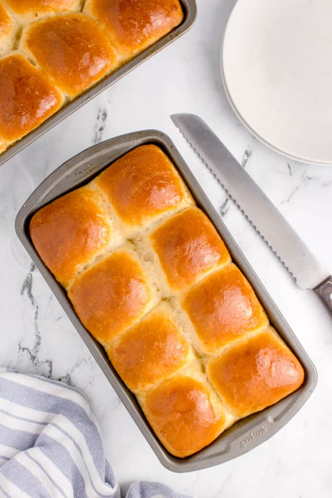 two loaves of sourdough brioche in metal loaf pans with plates and bread knife to the side