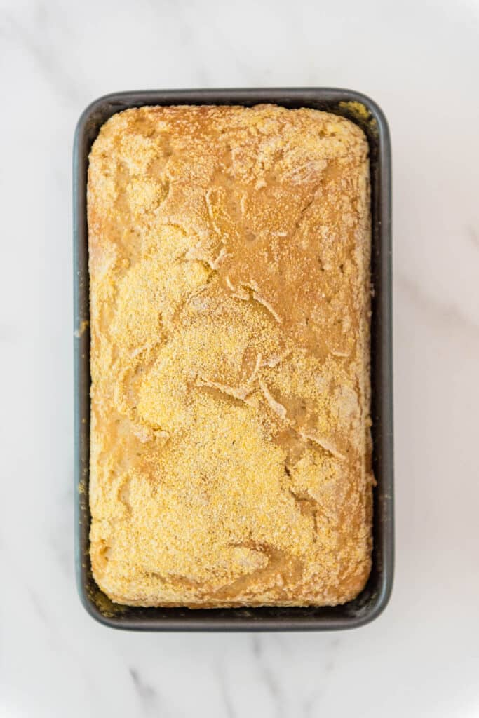 freshly baked sourdough English muffin bread in metal loaf pan