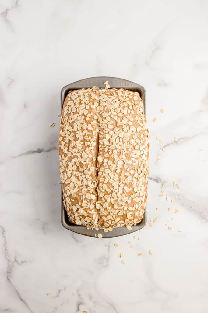 loaf pan with dough topped with oats and sliced in center