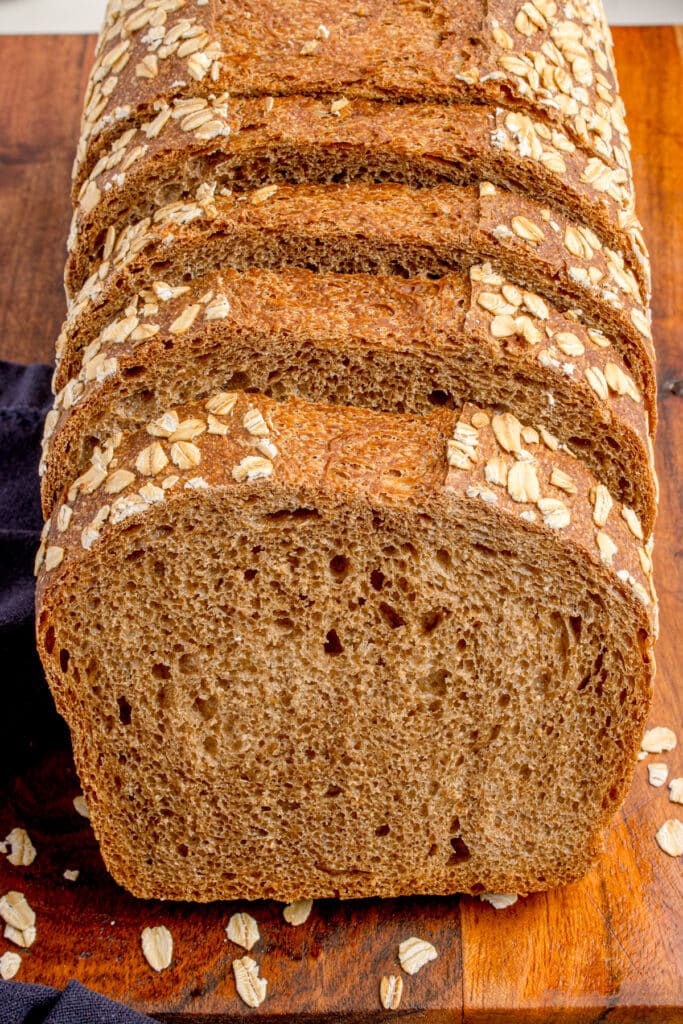 slices of cut sourdough brown bread leaning against each other