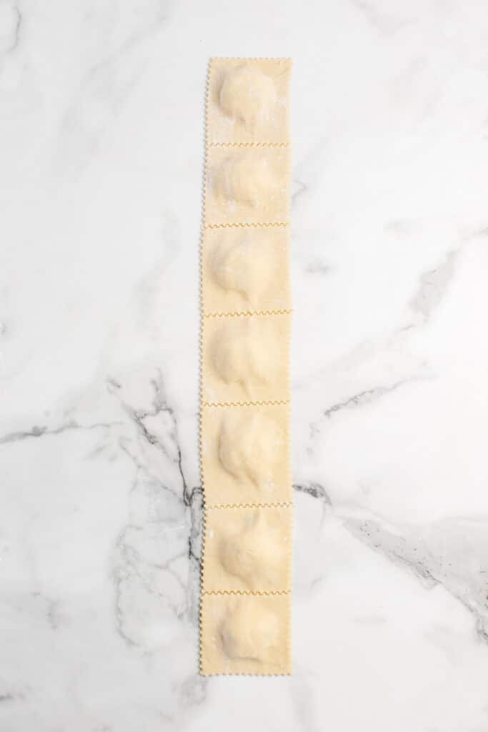 strip of sourdough ravioli with filling cut but not separated