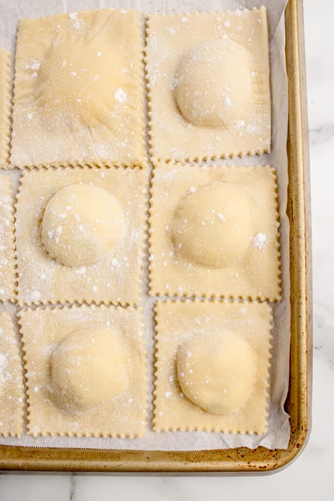 sourdough cheese ravioli on cooking tray before cooking