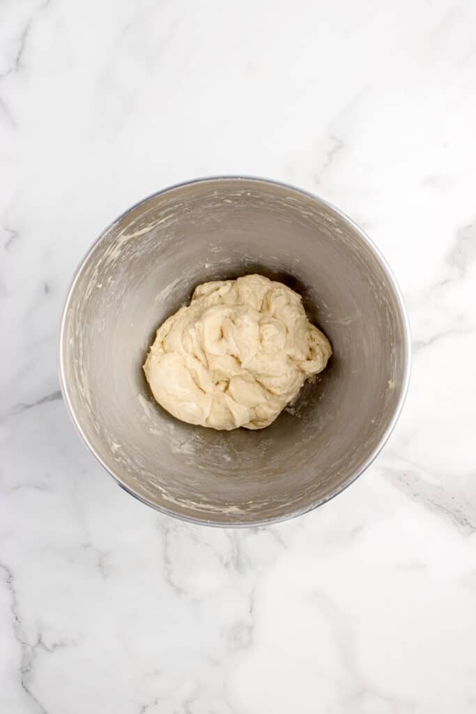 metal mixing bowl with dough for sourdough ravioli