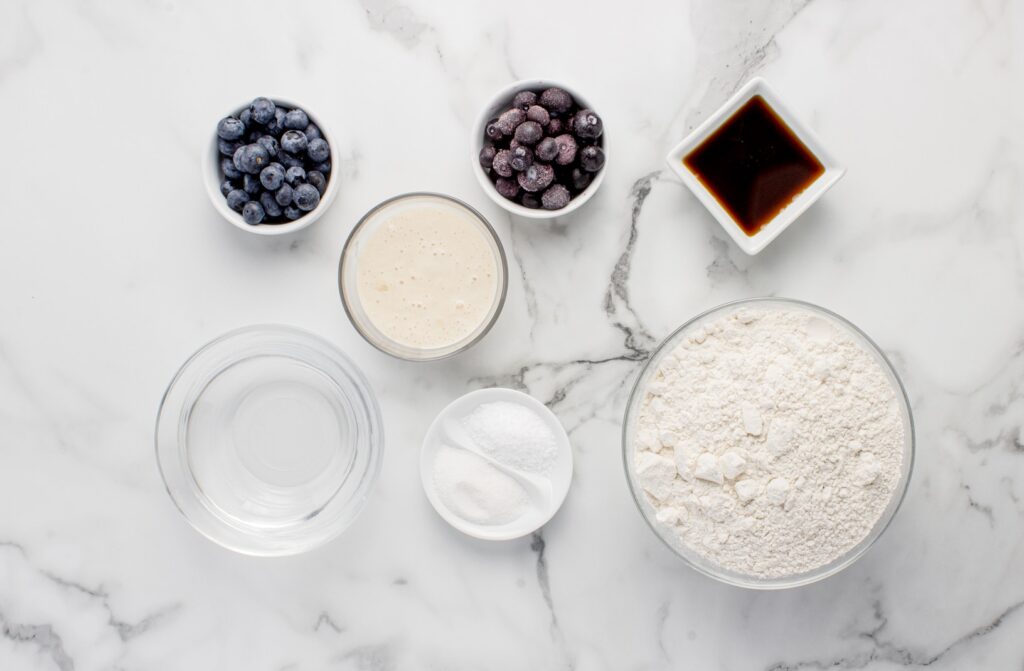 overhead view of ingredients for sourdough bagels with blueberries in glass bowls on marble counter