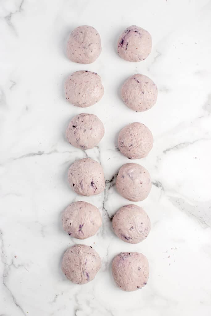 twelve balls of sourdough blueberry bagel dough