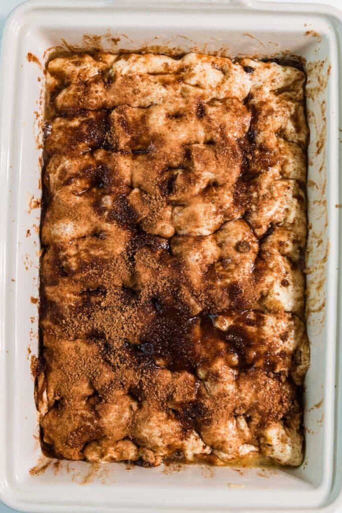 sourdough apple focaccia dough in baking pan, sprinkled with cinnamon sugar and dimpled on top
