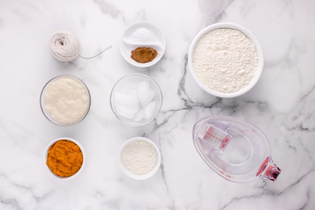 ingredients for sourdough pumpkin rolls on counter