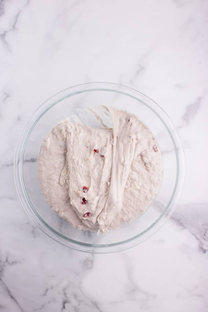 glass bowl with sourdough bread dough with cranberries and walnuts after set of stretch and folds
