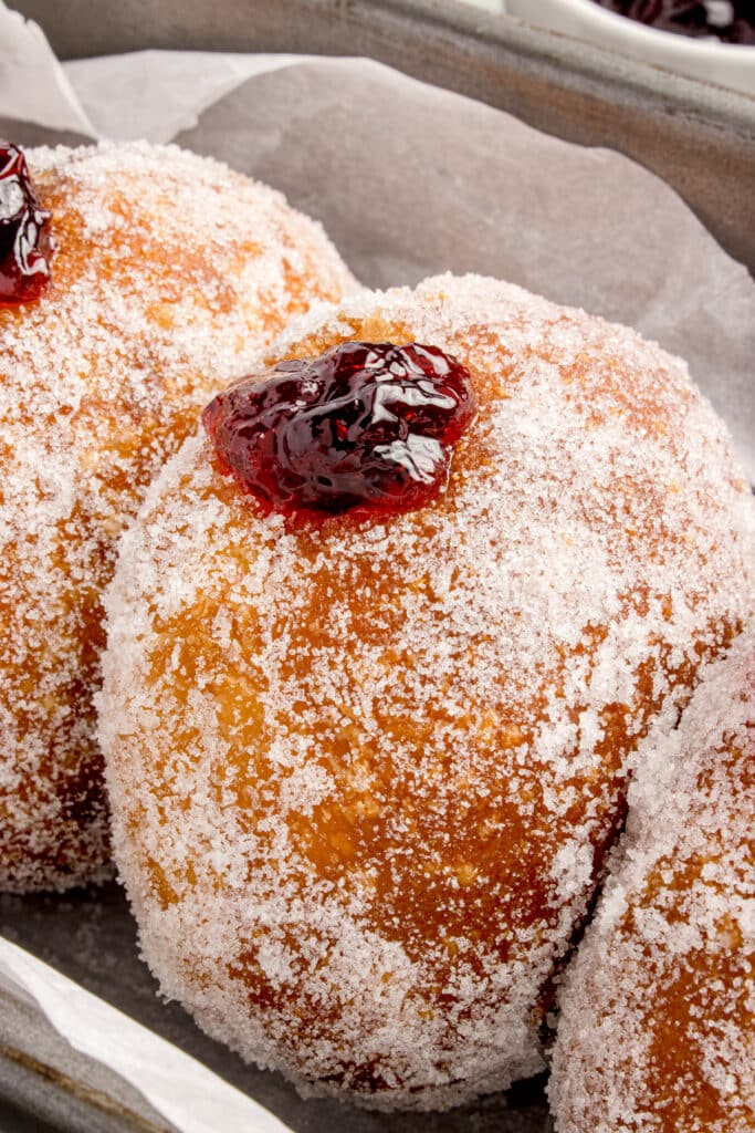 closeup of sourdough donut rolled in sugar and stuffed with jelly